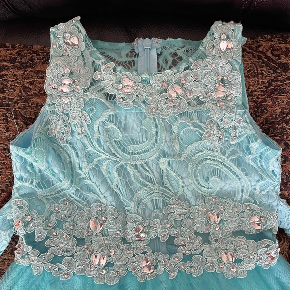 Teal color girls formal dress with rhinestones - Picture 2 of 5